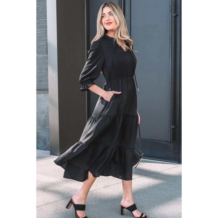 Black Flounced Bracelet Sleeve V Neck Tiered Maxi Dress Dresses/Maxi Dresses