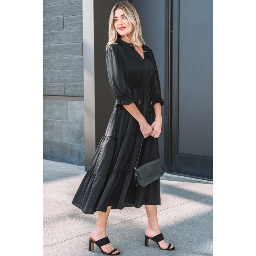 Black Flounced Bracelet Sleeve V Neck Tiered Maxi Dress Dresses/Maxi Dresses