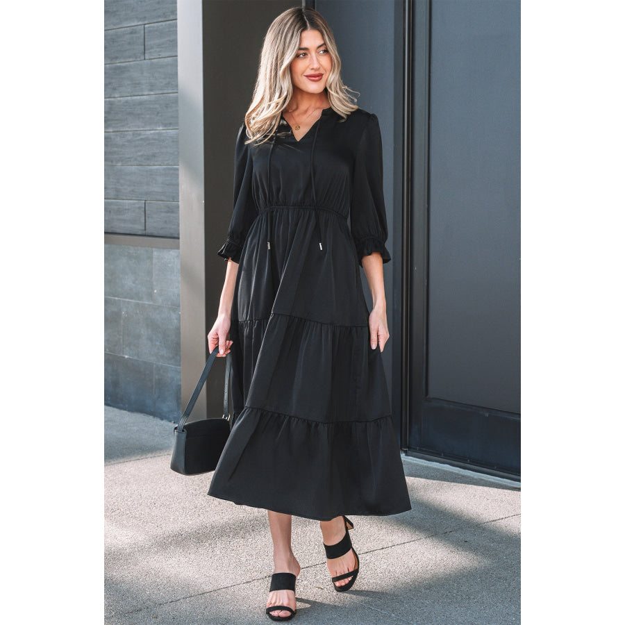 Black Flounced Bracelet Sleeve V Neck Tiered Maxi Dress Dresses/Maxi Dresses