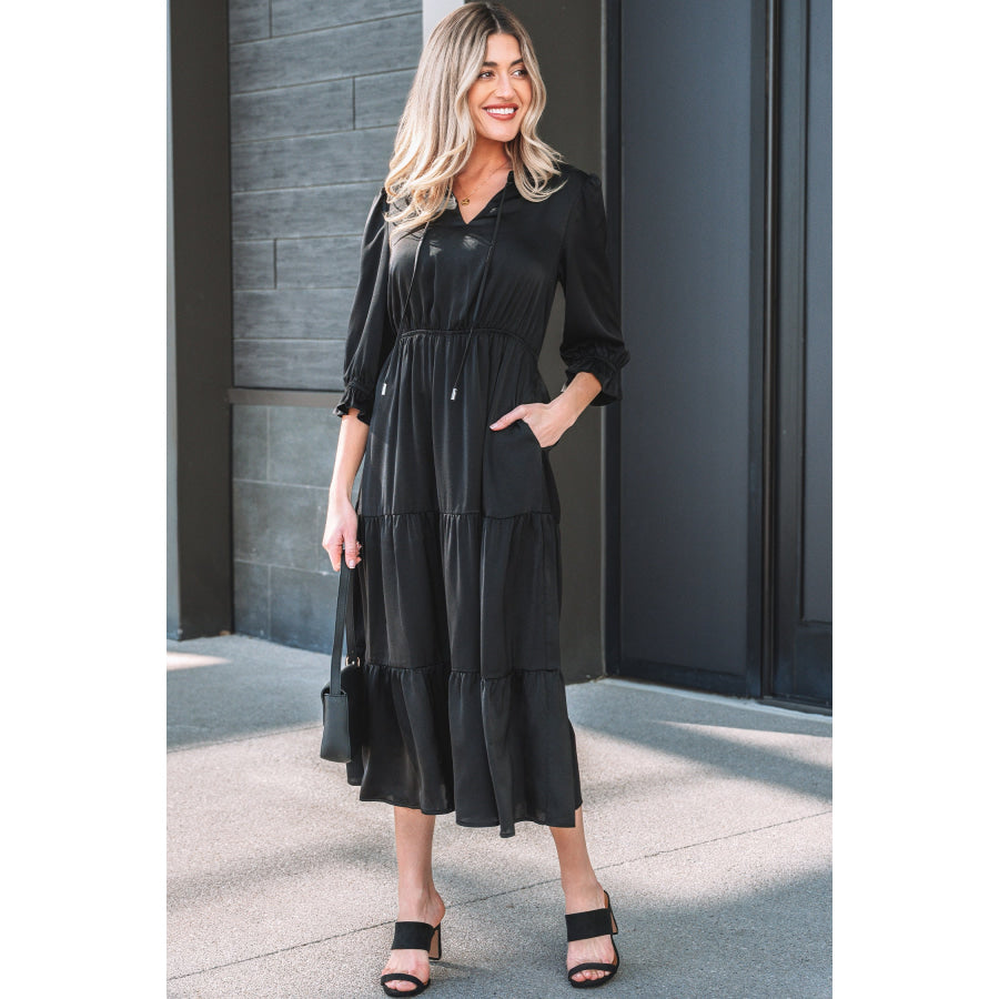 Black Flounced Bracelet Sleeve V Neck Tiered Maxi Dress Black / S / 100% Polyester Dresses/Maxi Dresses