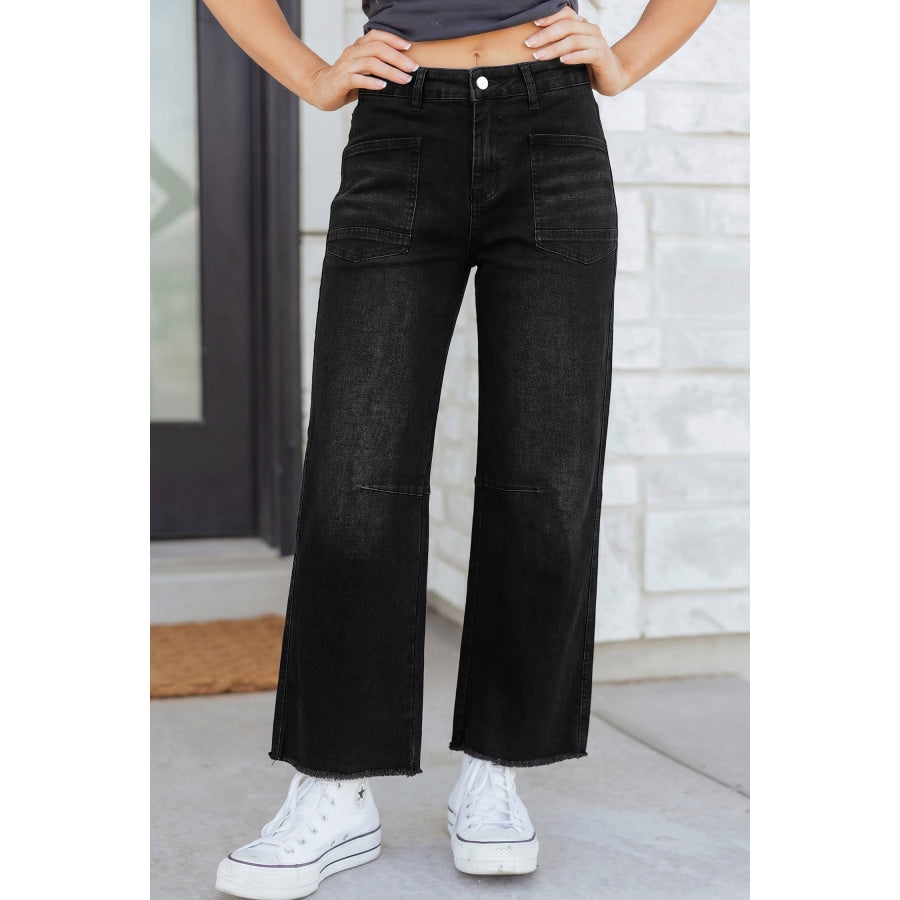 Black Frayed Cropped Barrel Jeans Black / 4 / 65% Cotton + 33% Polyester + 2% Elastane Bottoms/Jeans