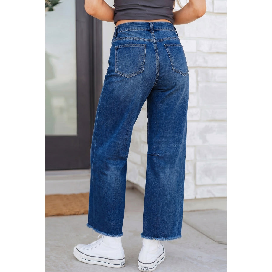 Black Frayed Cropped Barrel Jeans Bottoms/Jeans