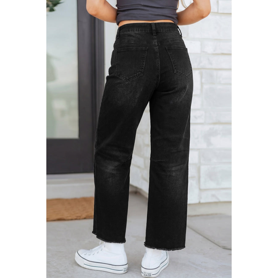 Black Frayed Cropped Barrel Jeans Bottoms/Jeans