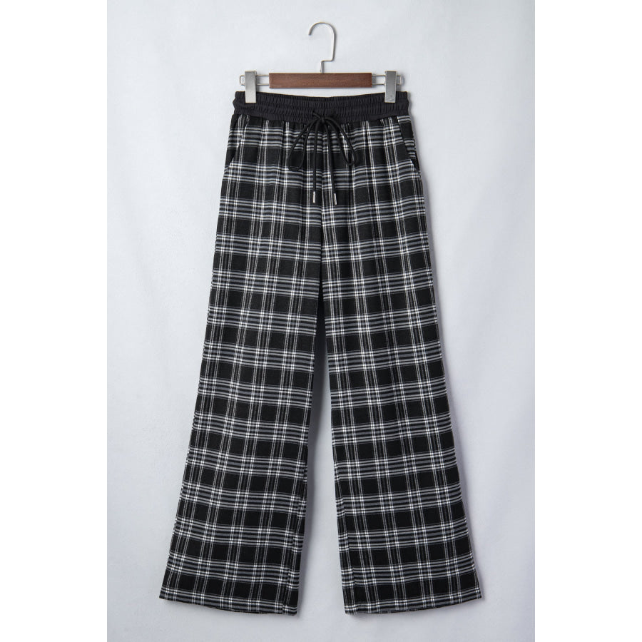 Black Frenchy Plaid Pattern Contrast Drawstring Waist Wide Leg Pants Bottoms/Pants & Culotte