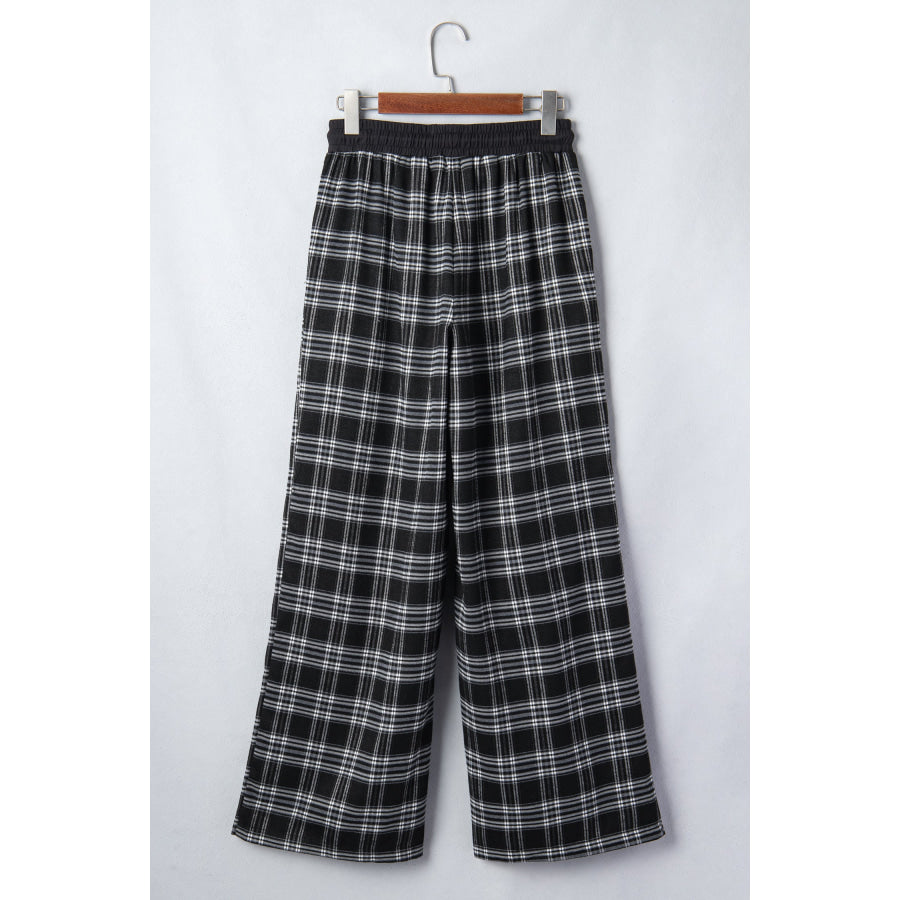 Black Frenchy Plaid Pattern Contrast Drawstring Waist Wide Leg Pants Bottoms/Pants & Culotte