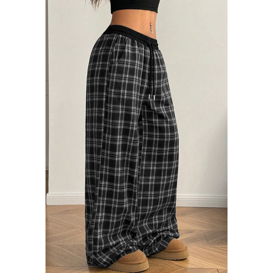 Black Frenchy Plaid Pattern Contrast Drawstring Waist Wide Leg Pants Bottoms/Pants & Culotte