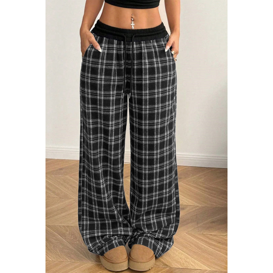 Black Frenchy Plaid Pattern Contrast Drawstring Waist Wide Leg Pants Bottoms/Pants & Culotte