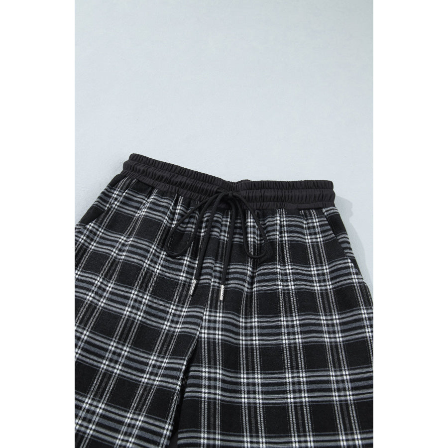 Black Frenchy Plaid Pattern Contrast Drawstring Waist Wide Leg Pants Bottoms/Pants & Culotte