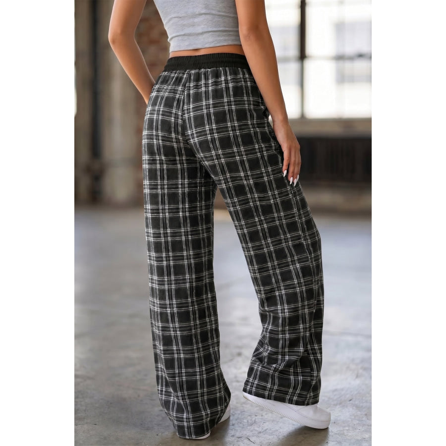 Black Frenchy Plaid Pattern Contrast Drawstring Waist Wide Leg Pants Bottoms/Pants & Culotte