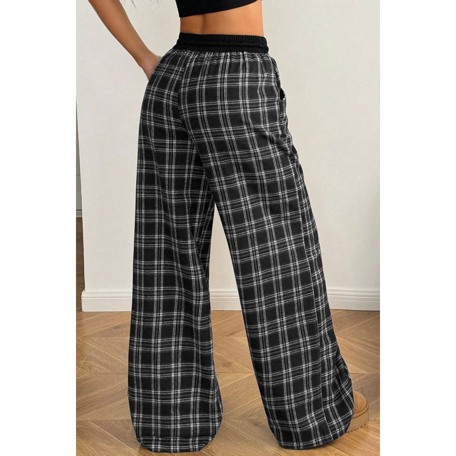 Black Frenchy Plaid Pattern Contrast Drawstring Waist Wide Leg Pants Bottoms/Pants & Culotte