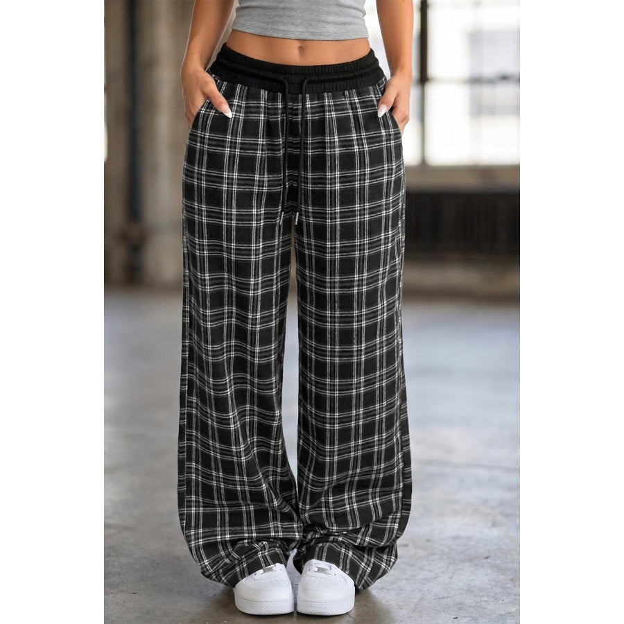 Black Frenchy Plaid Pattern Contrast Drawstring Waist Wide Leg Pants Black / S / 97% Polyester + 3% Elastane Bottoms/Pants & Culotte