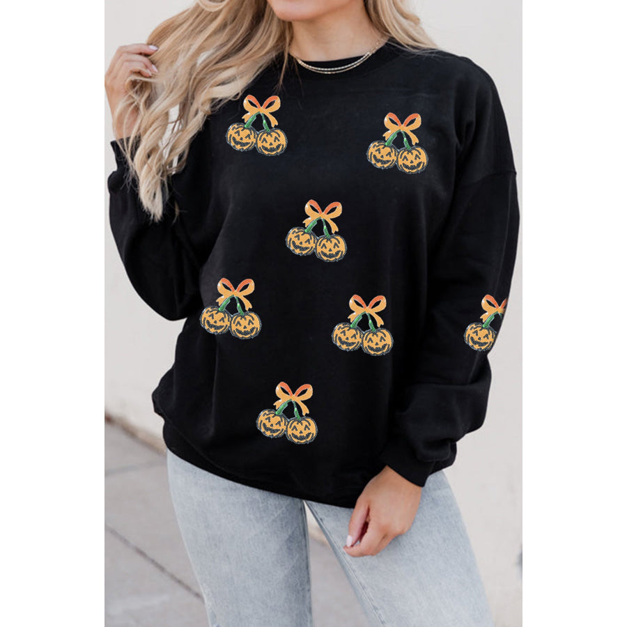 Black Halloween Sequin Pumpkin Graphic Relaxed Pullover Sweatshirt / S / 50% Polyester + 50% Cotton Graphic/Graphic Sweatshirts