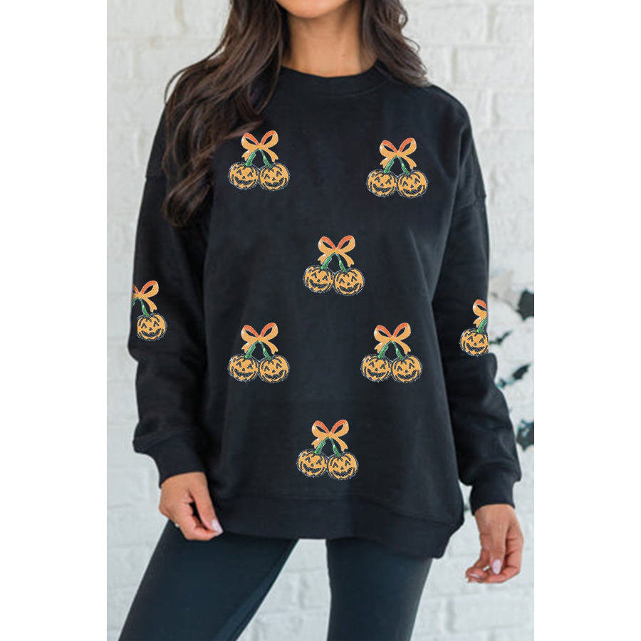 Black Halloween Sequin Pumpkin Graphic Relaxed Pullover Sweatshirt / S / 50% Polyester + 50% Cotton Graphic/Graphic Sweatshirts