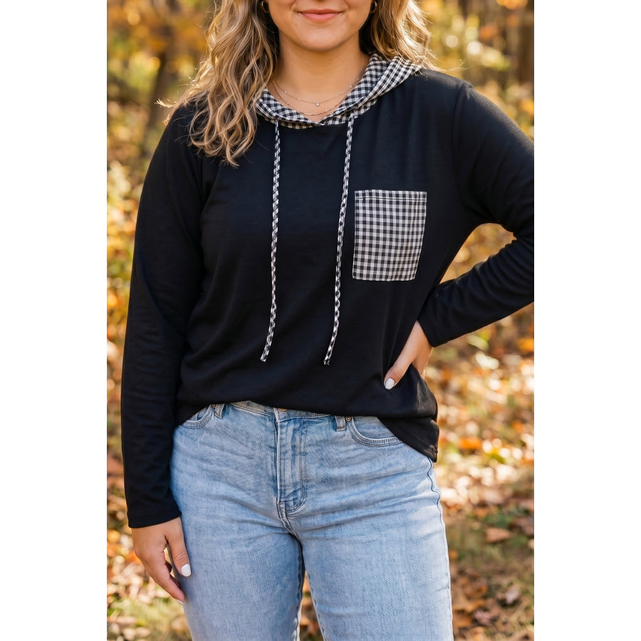 Black Hooded Gingham Paneling Chest Patch Pocket Long Sleeve Plus Size Blouse Black / 1X / 62% Polyester + 32% Cotton + 6% Elastane Plus