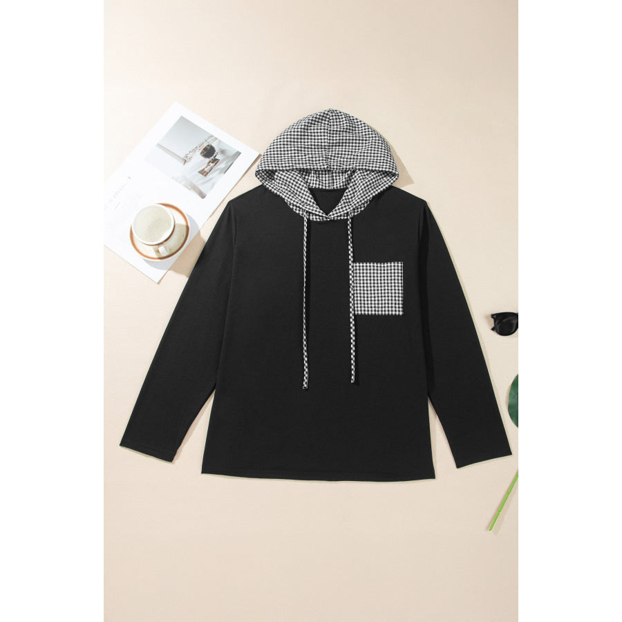 Black Hooded Gingham Paneling Chest Patch Pocket Long Sleeve Plus Size Blouse Plus Size/Plus Size Tops/Plus Size Long Sleeve Tops