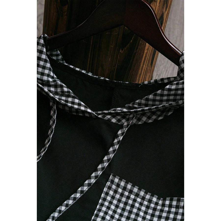 Black Hooded Gingham Paneling Chest Patch Pocket Long Sleeve Plus Size Blouse Plus Size/Plus Size Tops/Plus Size Long Sleeve Tops
