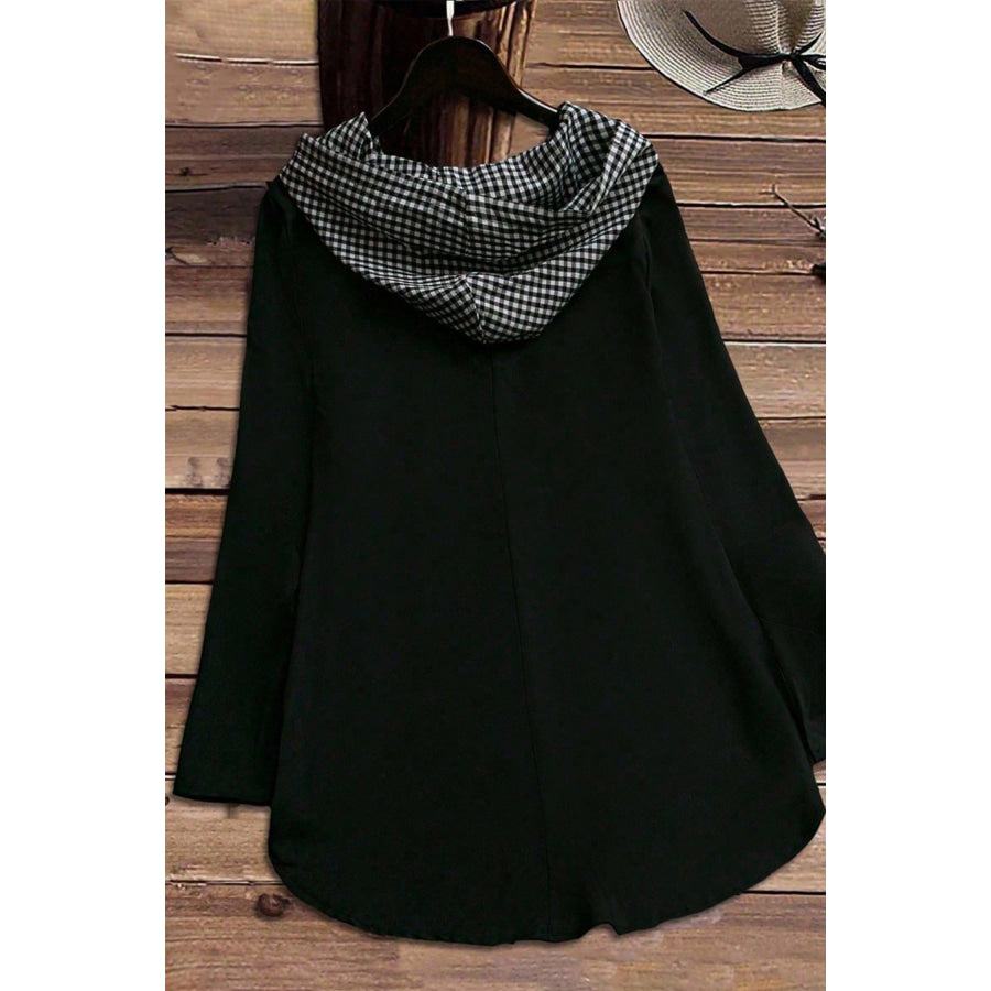 Black Hooded Gingham Paneling Chest Patch Pocket Long Sleeve Plus Size Blouse Plus Size/Plus Size Tops/Plus Size Long Sleeve Tops