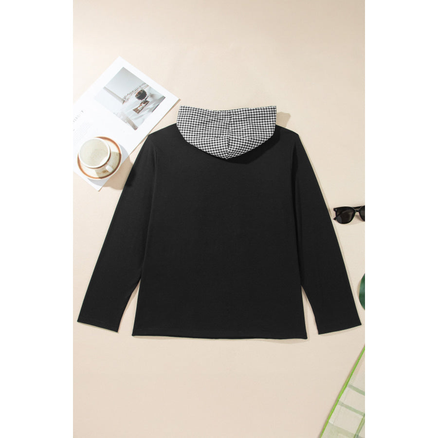 Black Hooded Gingham Paneling Chest Patch Pocket Long Sleeve Plus Size Blouse Plus Size/Plus Size Tops/Plus Size Long Sleeve Tops