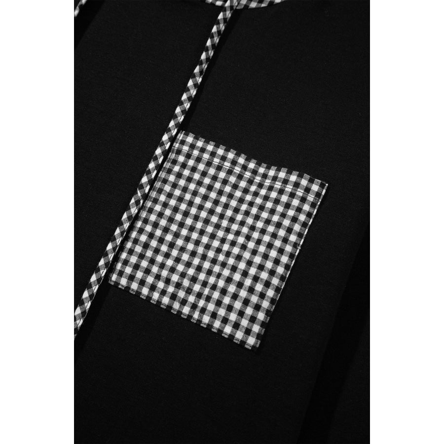 Black Hooded Gingham Paneling Chest Patch Pocket Long Sleeve Plus Size Blouse Plus Size/Plus Size Tops/Plus Size Long Sleeve Tops