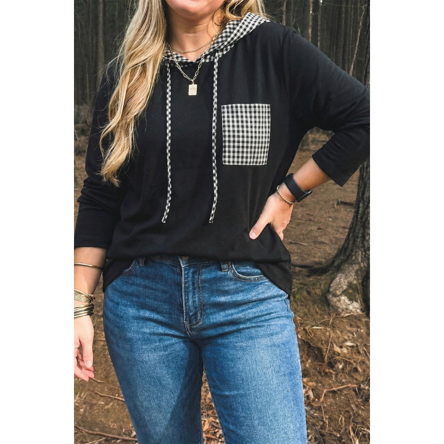 Black Hooded Gingham Paneling Chest Patch Pocket Long Sleeve Plus Size Blouse Plus Size/Plus Size Tops/Plus Size Long Sleeve Tops