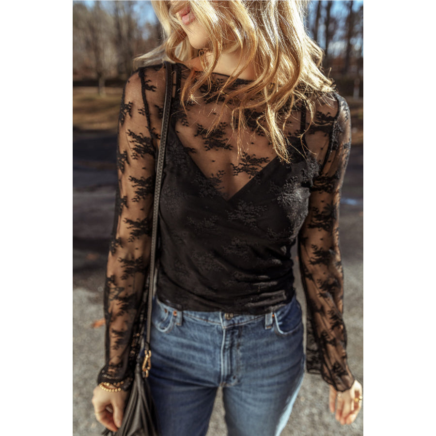 Black Lace Mesh Crochet Splicing Slim Fit Long Sleeve Blouse Black / S / 90% Polyamide + 10% Elastane Tops/Blouses & Shirts
