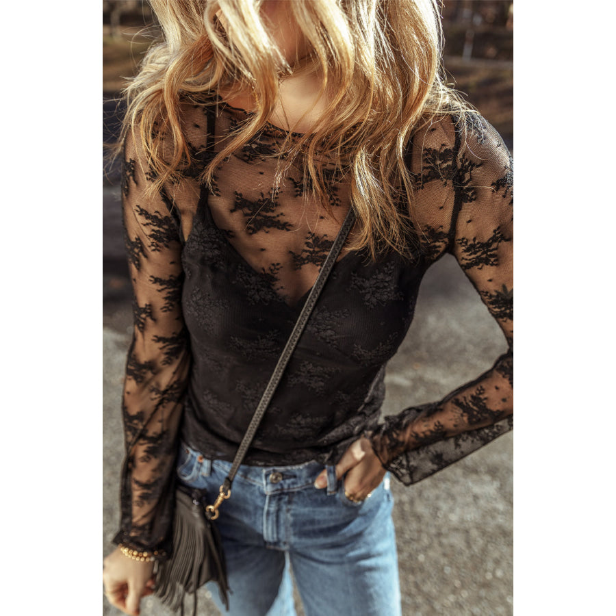 Black Lace Mesh Crochet Splicing Slim Fit Long Sleeve Blouse Tops/Blouses & Shirts