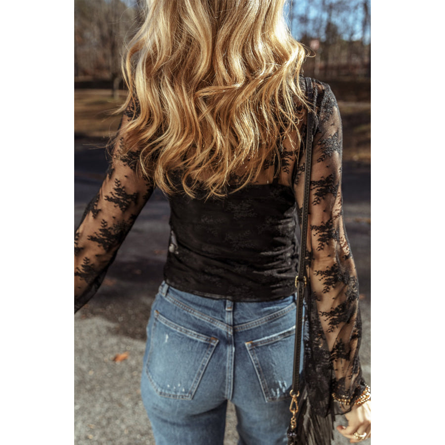 Black Lace Mesh Crochet Splicing Slim Fit Long Sleeve Blouse Black / S / 90% Polyamide + 10% Elastane Tops/Blouses & Shirts