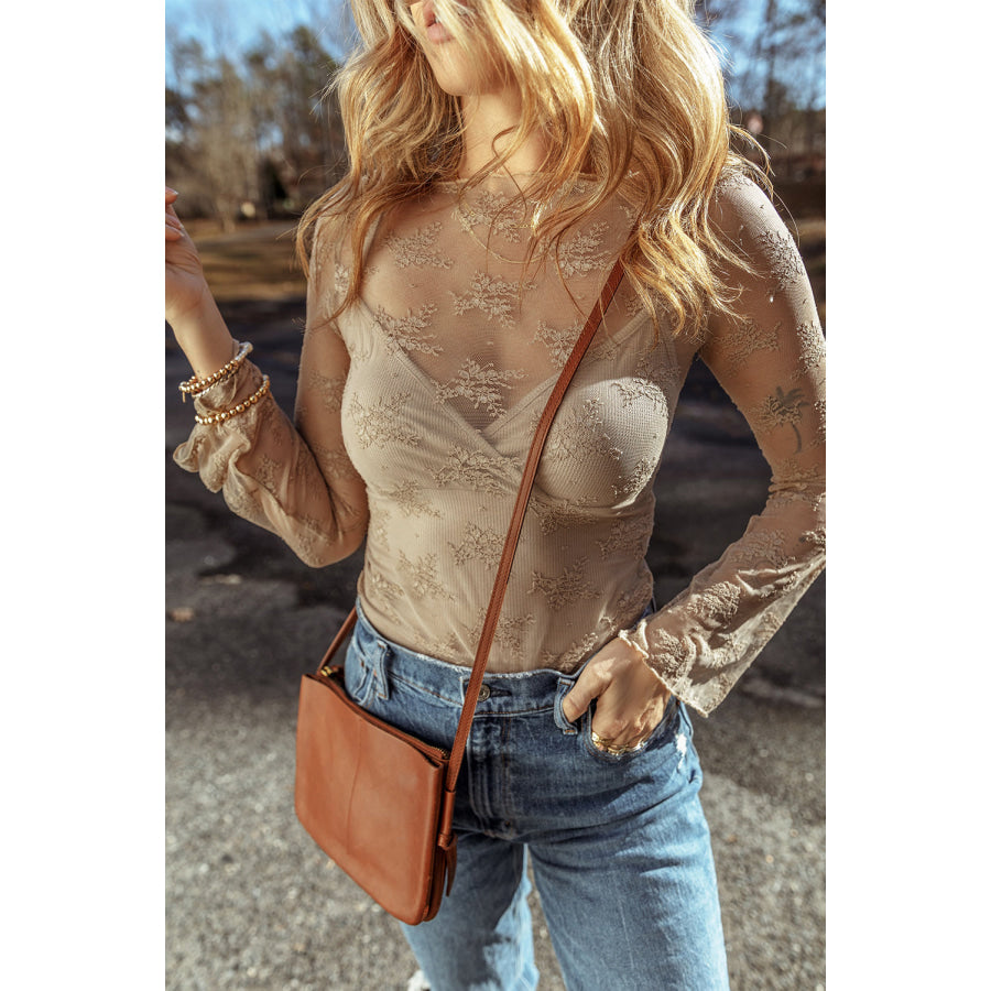 Black Lace Mesh Crochet Splicing Slim Fit Long Sleeve Blouse Tops/Blouses & Shirts