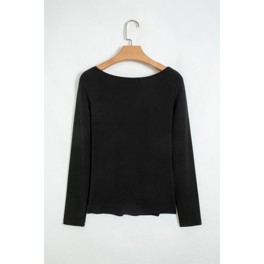 Black Lace Trim Elegant Neckline Long Sleeve Slim Top Tops/Long Sleeve Tops