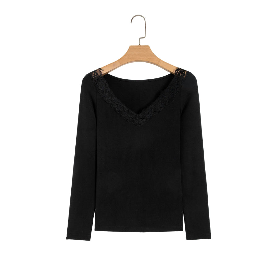 Black Lace Trim Elegant Neckline Long Sleeve Slim Top Tops/Long Sleeve Tops