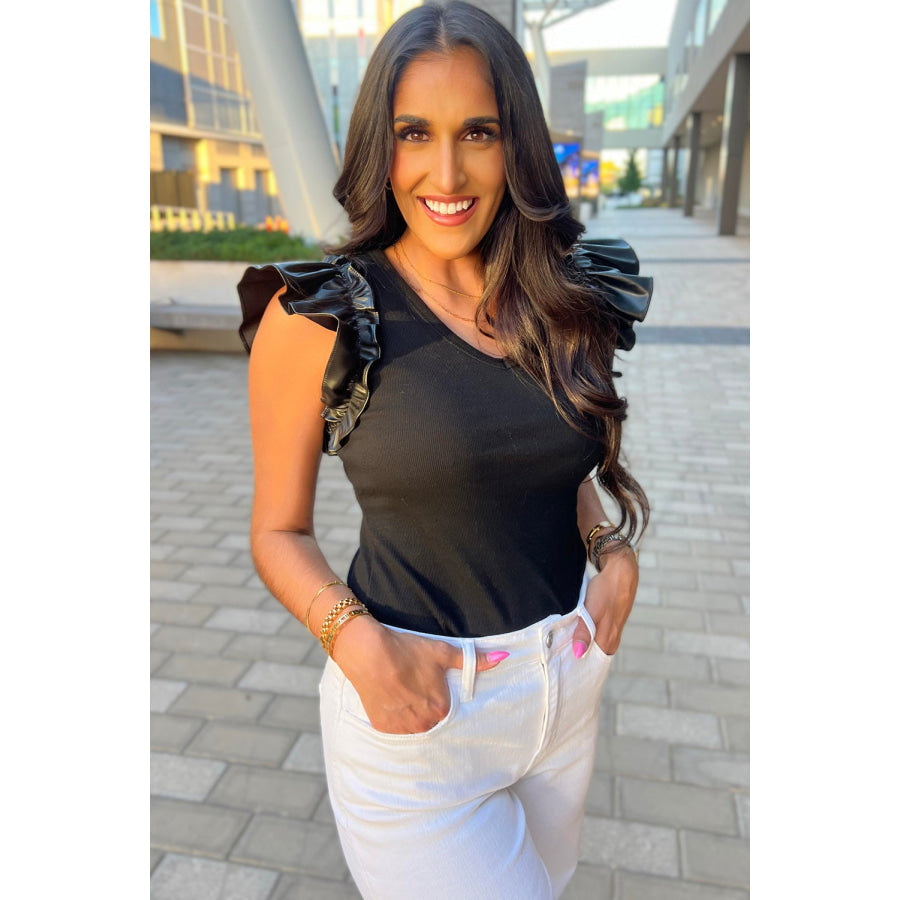 Black Leatherette Ruffle Patchwork Ribbed V Neck Bodysuit Black / S / 93% Viscose + 7% Elastane Tops/Bodysuits