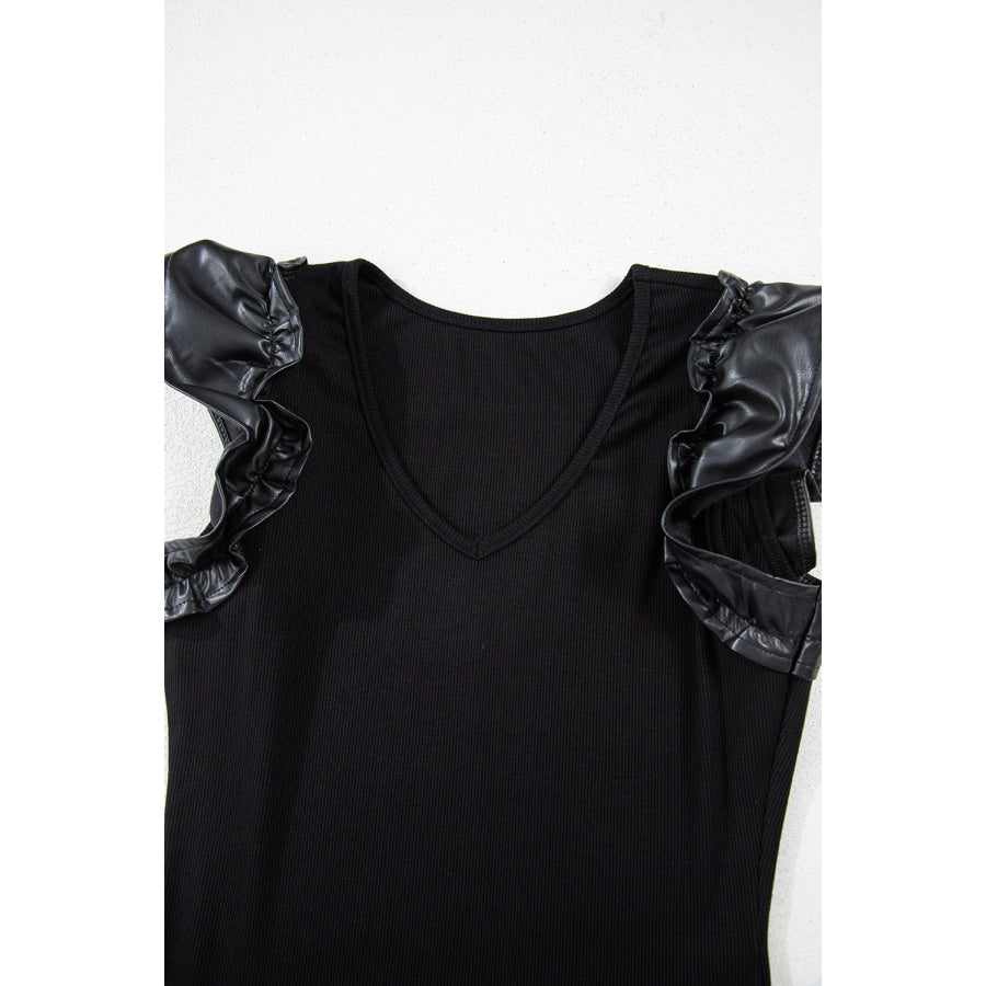 Black Leatherette Ruffle Patchwork Ribbed V Neck Bodysuit Tops/Bodysuits