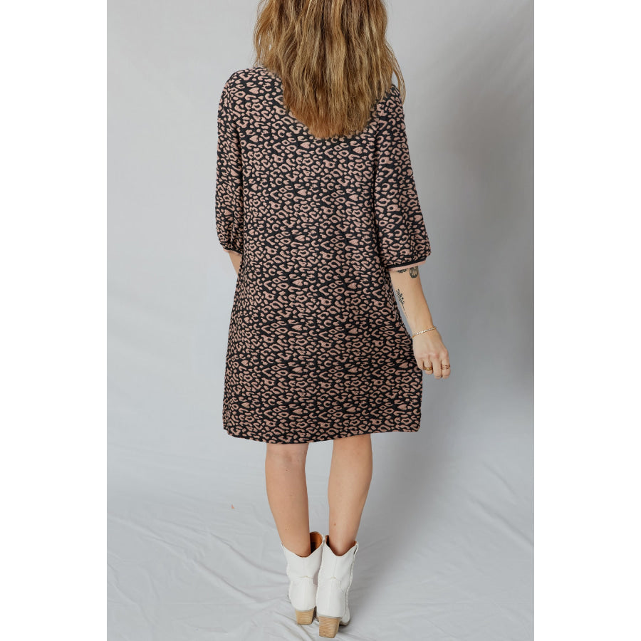 Black Leopard Print Bubble Sleeve Shift Mini Dress Dresses/Mini Dresses