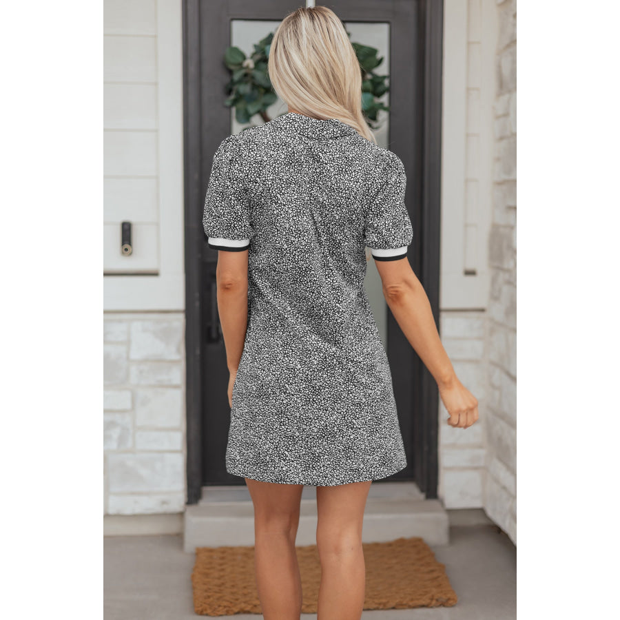 Black Leopard Print Contrast Striped Trim Polo Collar Short Sleeve Dress with Pockets Dresses/Mini Dresses