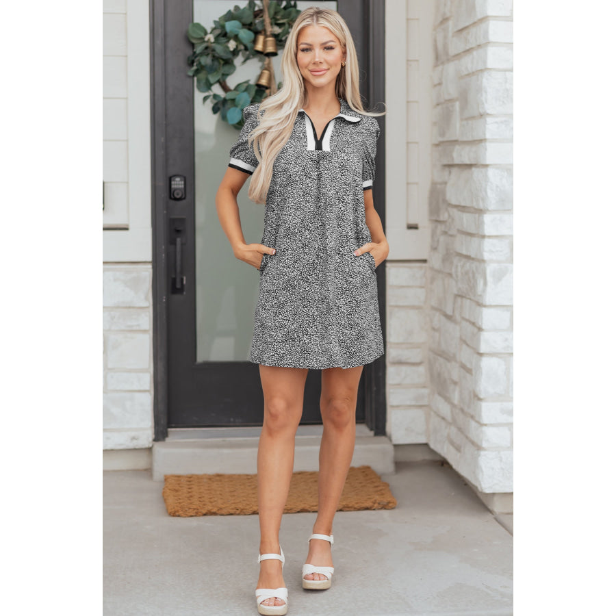 Black Leopard Print Contrast Striped Trim Polo Collar Short Sleeve Dress with Pockets Dresses/Mini Dresses
