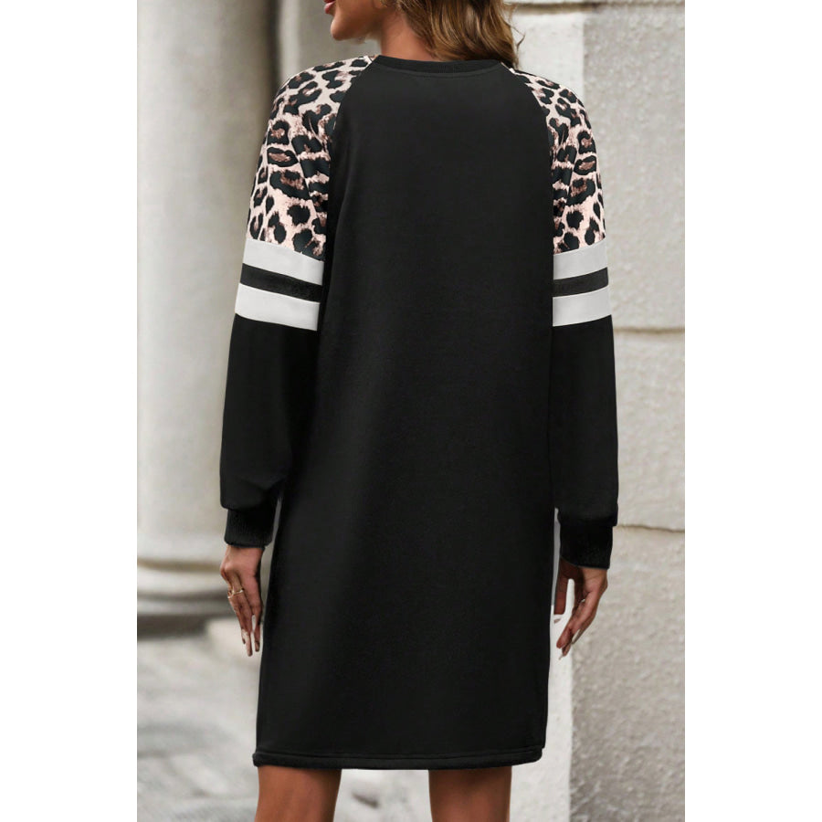 Black Leopard Print Patchwork Varsity Raglan Sleeve Sweatshirt Dress Dresses/Mini Dresses