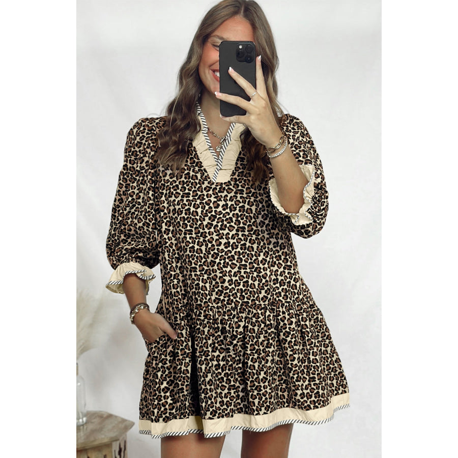 Black Leopard Print Striped Color Block Trim V Neck Bracelet Sleeve Mini Dress Dresses/Mini Dresses