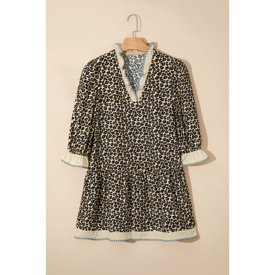 Black Leopard Print Striped Color Block Trim V Neck Bracelet Sleeve Mini Dress Dresses/Mini Dresses