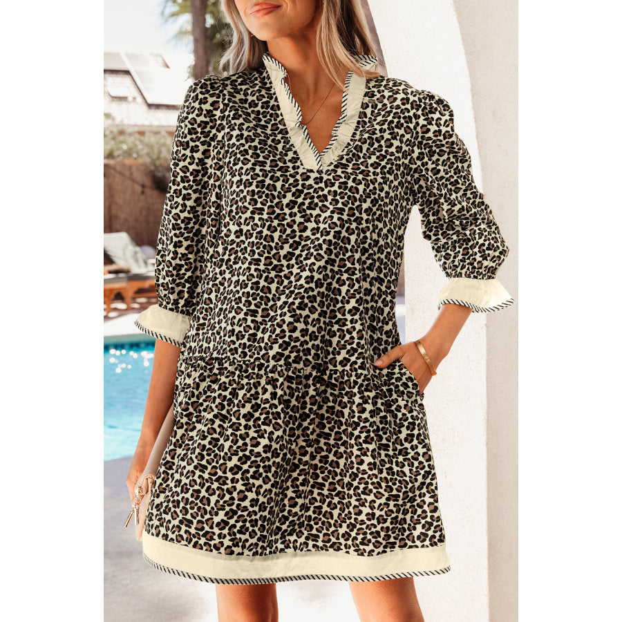 Black Leopard Print Striped Color Block Trim V Neck Bracelet Sleeve Mini Dress Dresses/Mini Dresses