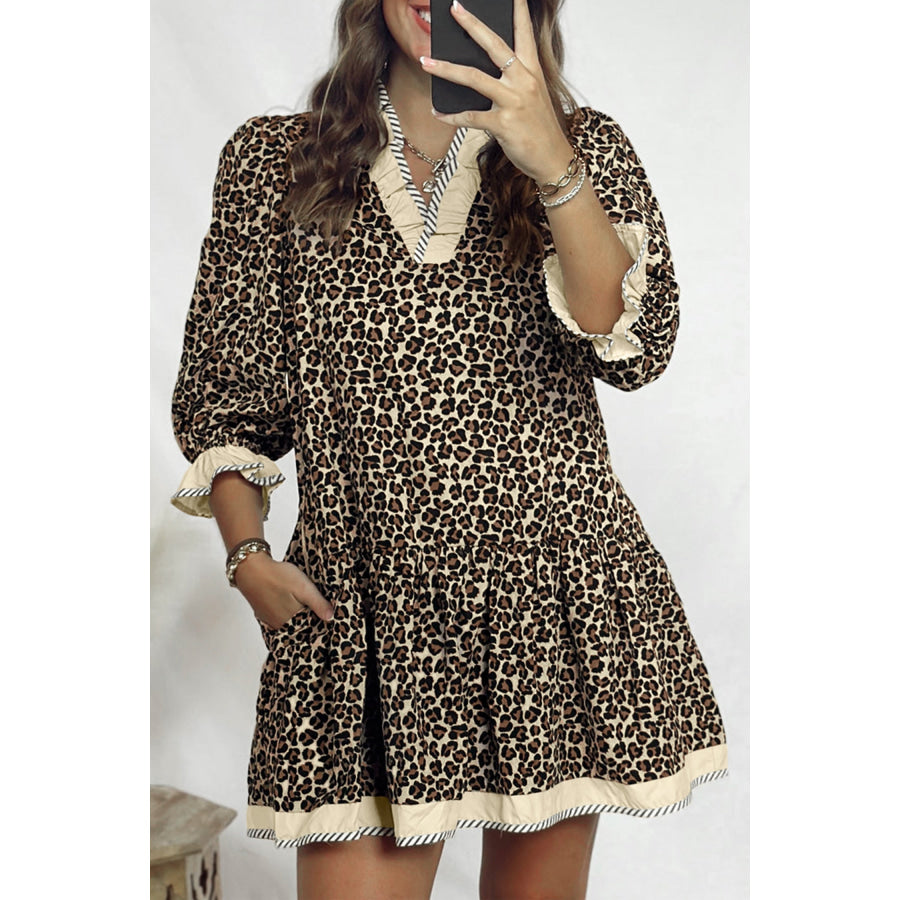 Black Leopard Print Striped Color Block Trim V Neck Bracelet Sleeve Mini Dress Black / S / 55% Cotton + 45% Viscose Dresses/Mini Dresses