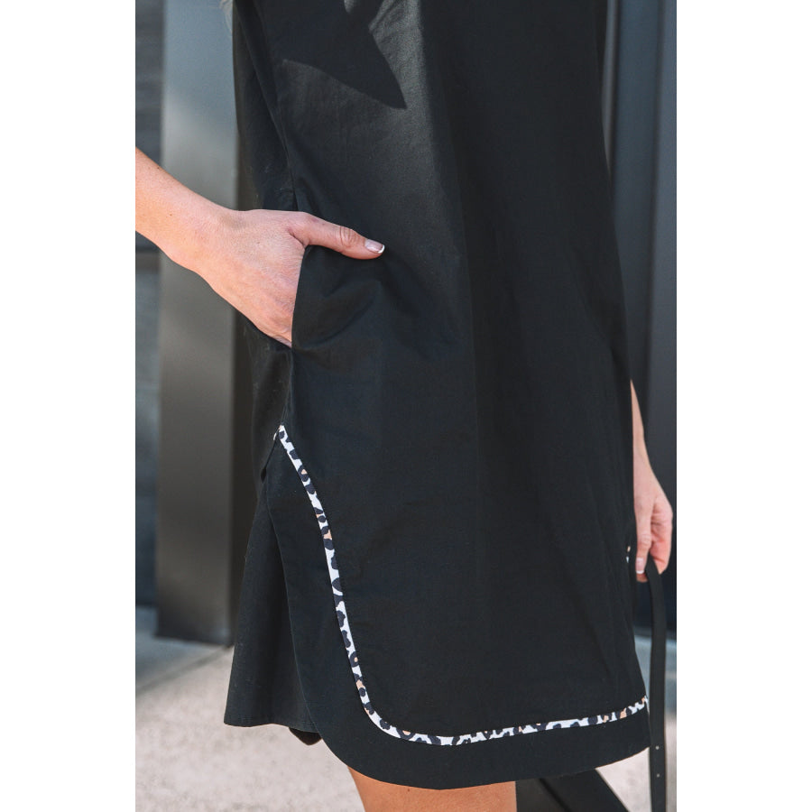 Black Leopard Trim Notched Neck Short Puff Sleeve Shift Mini Dress Dresses/Mini Dresses