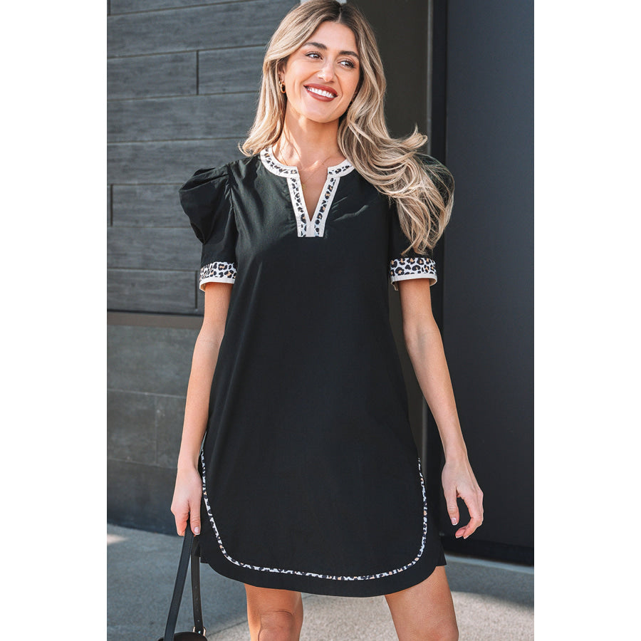 Black Leopard Trim Notched Neck Short Puff Sleeve Shift Mini Dress Dresses/Mini Dresses