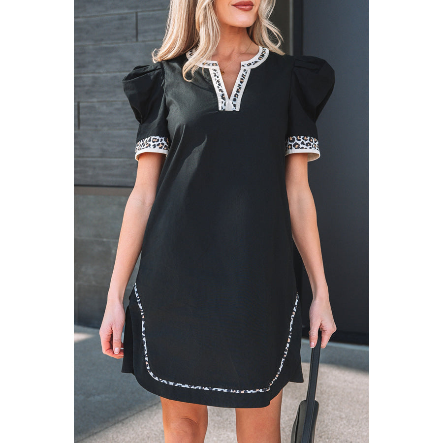 Black Leopard Trim Notched Neck Short Puff Sleeve Shift Mini Dress Dresses/Mini Dresses