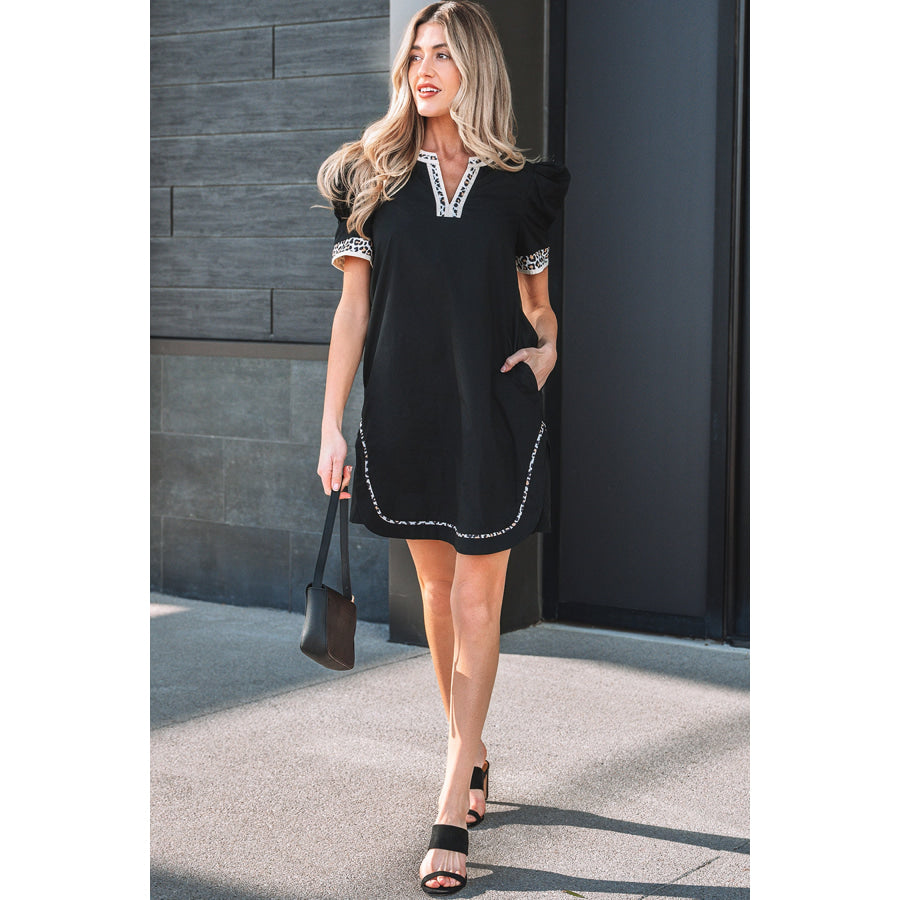 Black Leopard Trim Notched Neck Short Puff Sleeve Shift Mini Dress Dresses/Mini Dresses