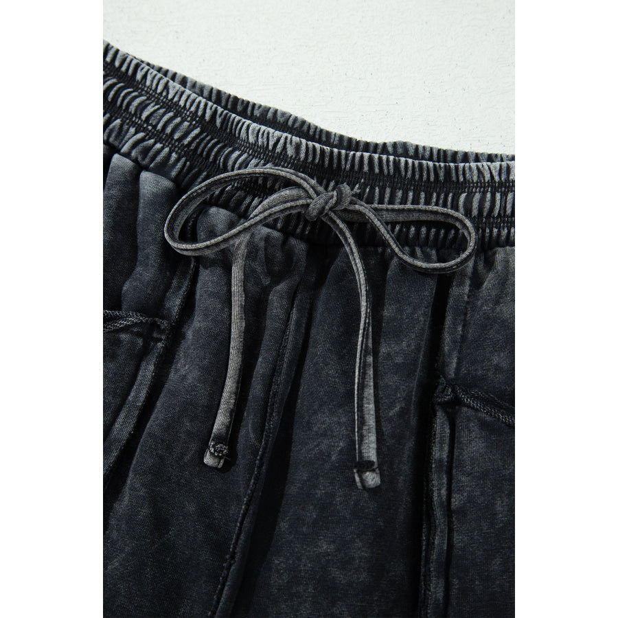 Black Mineral Wash Raw Seam Drawstring Elastic Waist Barrel Pants Bottoms/Pants & Culotte