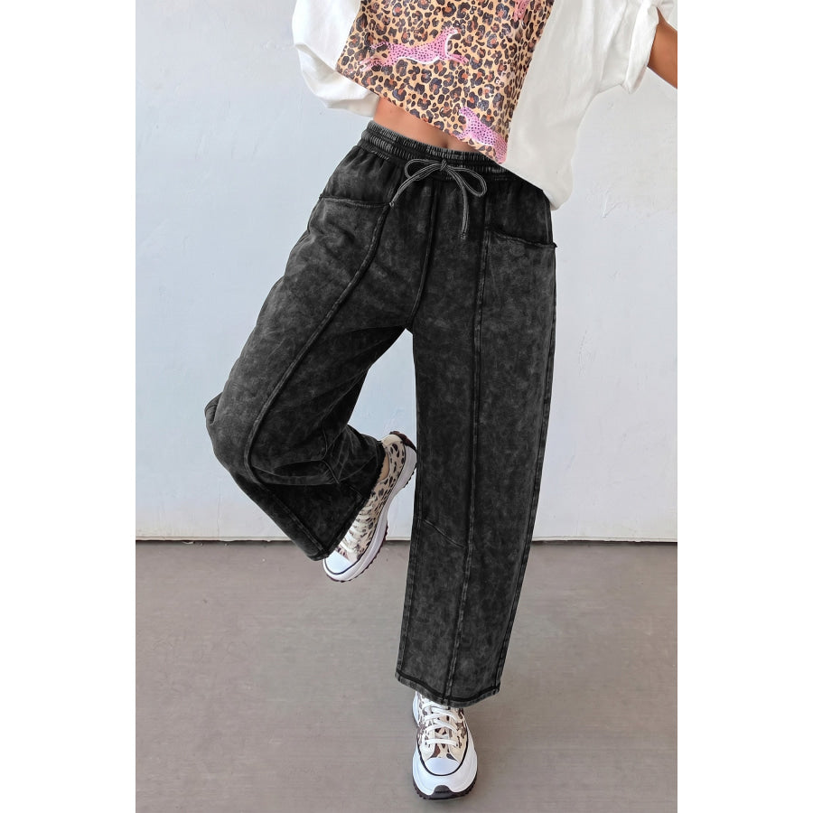 Black Mineral Wash Raw Seam Drawstring Elastic Waist Barrel Pants Bottoms/Pants & Culotte