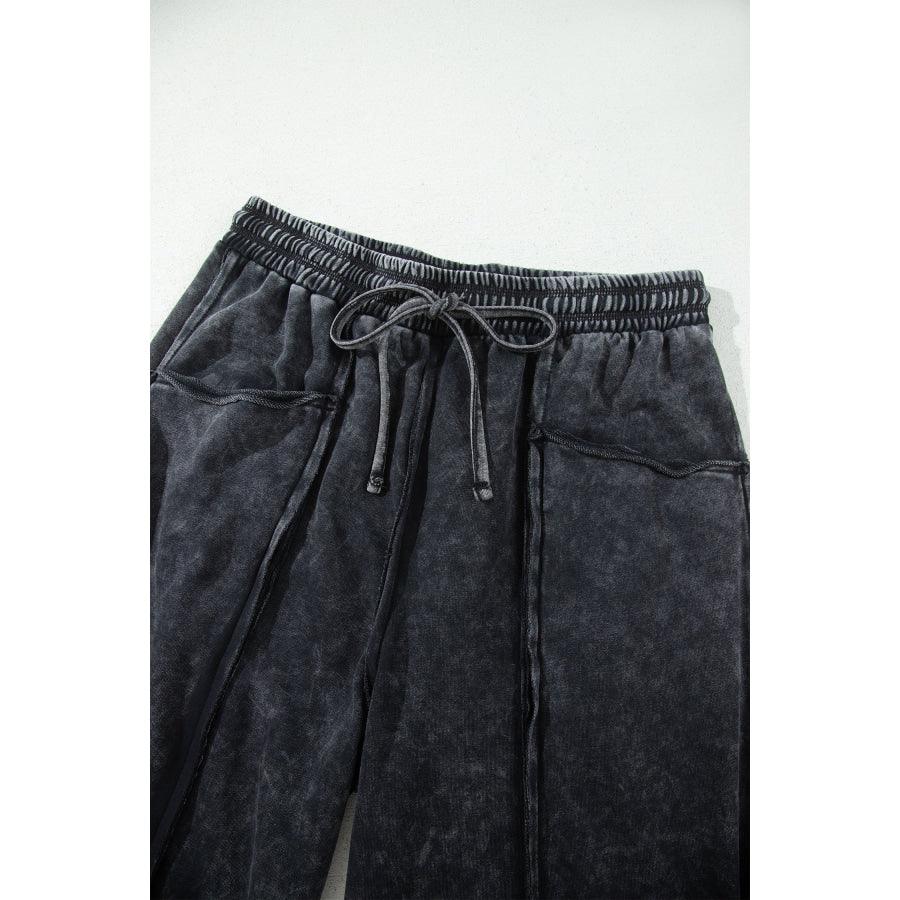 Black Mineral Wash Raw Seam Drawstring Elastic Waist Barrel Pants Bottoms/Pants & Culotte