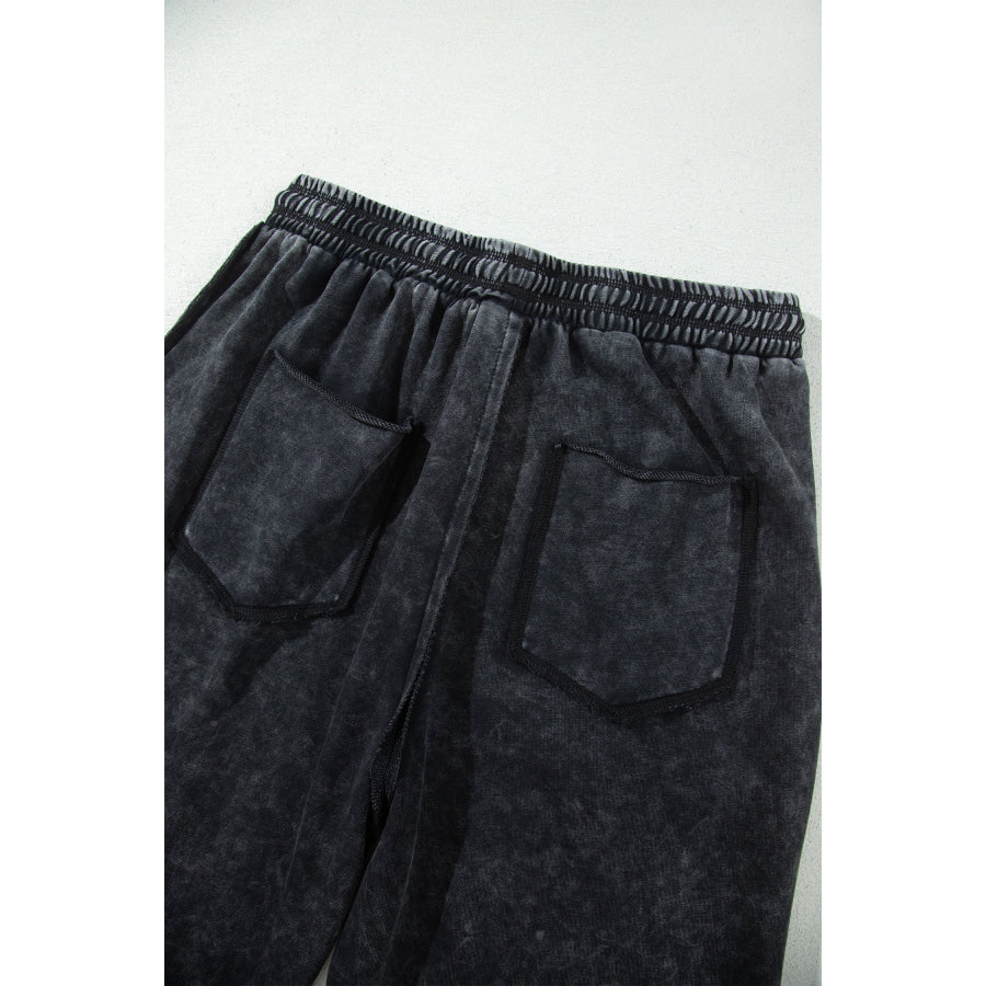Black Mineral Wash Raw Seam Drawstring Elastic Waist Barrel Pants Bottoms/Pants & Culotte