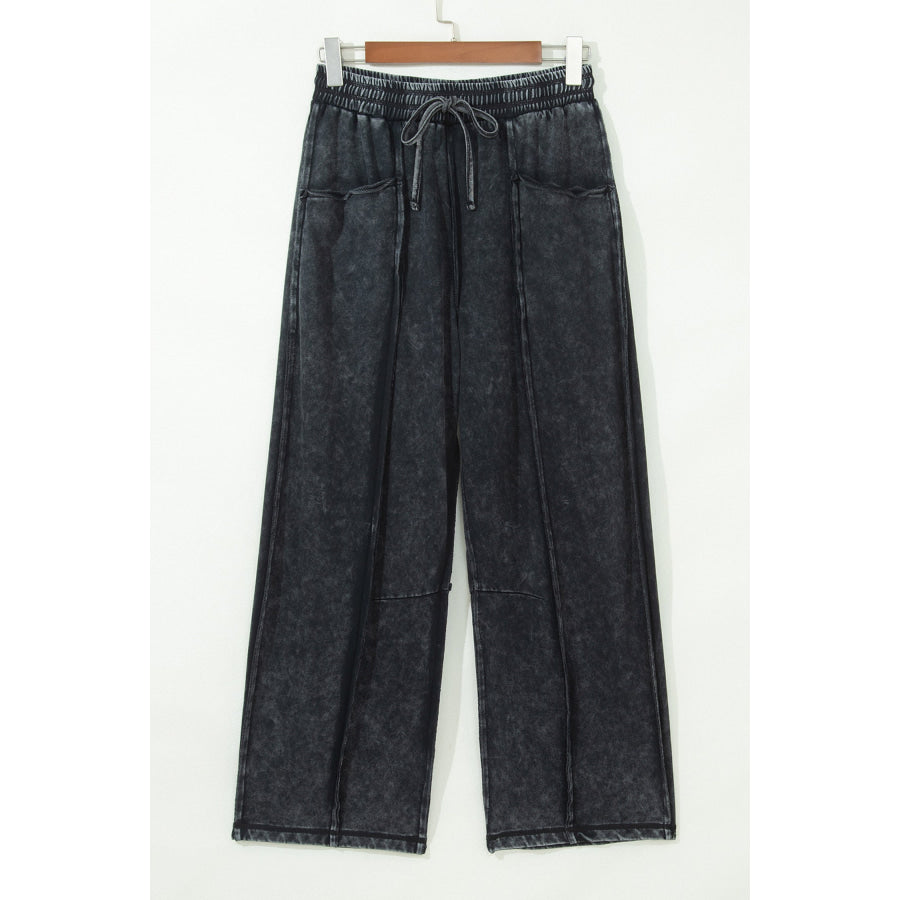 Black Mineral Wash Raw Seam Drawstring Elastic Waist Barrel Pants Bottoms/Pants & Culotte