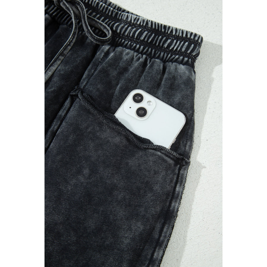 Black Mineral Wash Raw Seam Drawstring Elastic Waist Barrel Pants Bottoms/Pants & Culotte
